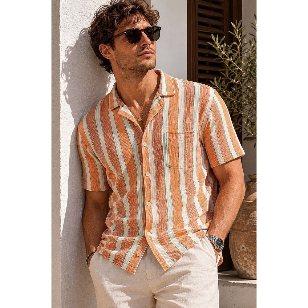 Zara Shirt Mens XL Orange Striped Knit Camp Collar Resort Beach Casual Pocket